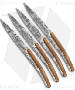 Deejo 9" Steak Knives Toile De Jouy Tattoo w/ Olive Wood Handles - Set of 4