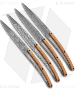 Deejo 9" Steak Knives Toile De Jouy Titanium w/ Olive Wood Handles - Set of 4
