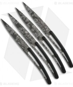 Deejo Toile de Jouy 9" Ti Art Deco Steak Knives w/ Black ABS Handles - Set of 4